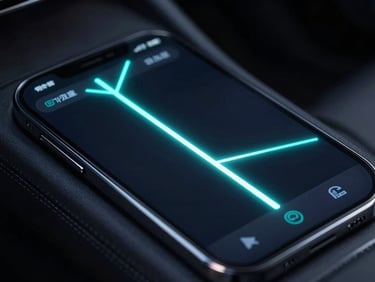 Macro shot of a dark-mode mobile driver app mounted on a vehicle dashboard, glowing electric cyan route lines, high-contrast neon reflections, ultra-sharp detail
