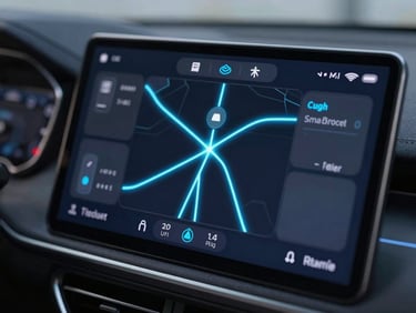 Close-up of a mobile driver app interface mounted on a dark vehicle dashboard, showing real-time route navigation with glowing neon blue paths.