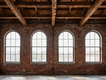 Straight-on architectural detail of an industrial loft interior, original timber beams, exposed red brick wall, high arched windows with natural daylight