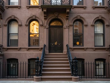 Facade of a classic Victorian brownstone with a high stoop, ornate ironwork, and tall arched windows reflecting warm golden hour light.