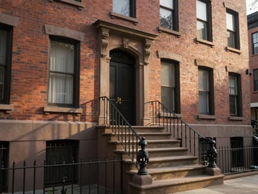 Exterior facade of a historic 1920s brick brownstone, weathered stone steps, original iron handrails, soft golden hour light