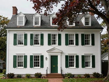 A historic Colonial Revival home with symmetrical white clapboard facade, green shutters, and a mature maple tree in the front yard.