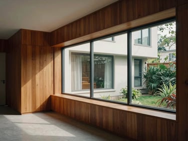 Interior of a mid-century modern condo, clean geometric lines, teak wood paneling, large glass windows showing soft garden shadows