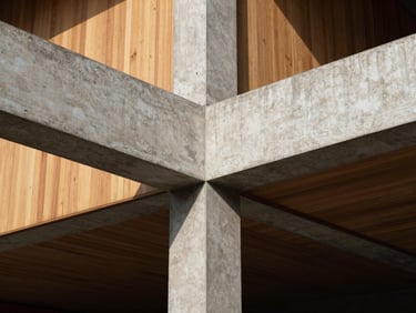 Straight-on architectural detail of a modernist concrete structural beam intersecting with warm timber paneling, natural light creating strong geometric shadows