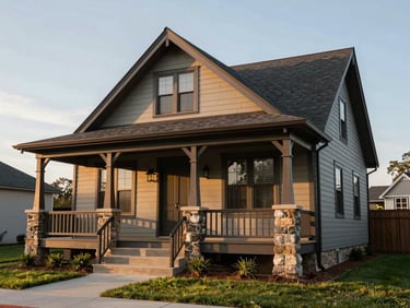Exterior of a 1910 Craftsman bungalow with a deep front porch, heavy stone piers, and low-pitched roofline under soft afternoon daylight.