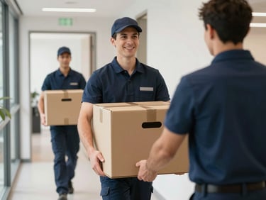 Movers in uniform carefully carrying a secure crate through a modern office corridor, sharp focus.