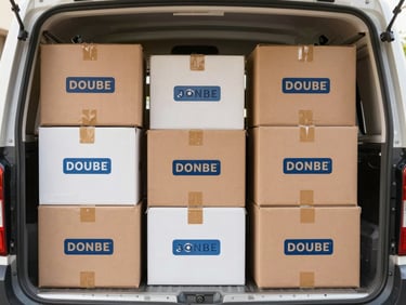 A clean, organized moving truck interior with neatly stacked, labeled double-walled boxes, bright daylight.
