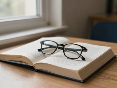An open reference book with a pair of reading glasses resting on the pages, soft side lighting from a window, quiet study room setting.
