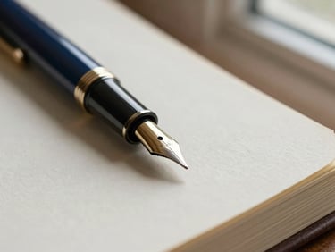 Close-up of a classic fountain pen nib resting on a heavy cream paper manuscript, soft morning light from a window, shallow depth of field, scholarly atmosphere
