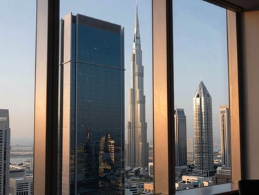 High-altitude corporate boardroom overlooking Dubai financial district, sharp geometric perspective, cool-toned daylight, 35mm