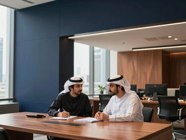 Professional consultation in progress inside a modern Dubai office, crisp architectural daylight, warm interior accents, sharp focus, 35mm