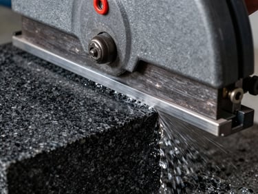 Extreme close-up of a water-cooled diamond saw slicing through a massive block of dark charcoal granite, water spraying, sharp focus on the mineral edge, dramatic directional light.