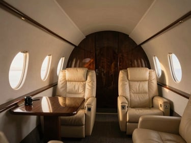 Sleek private jet interior with soft leather detailing, low-key dramatic golden hour lighting, 35mm