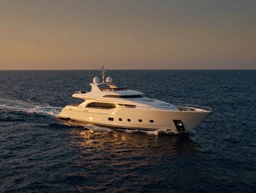 Sleek superyacht slicing through deep blue ocean water at golden hour, wide cinematic environmental shot, 35mm