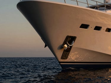 A sleek superyacht hull slicing through deep indigo water at golden hour, anamorphic flare, rich espresso tones, 35mm.