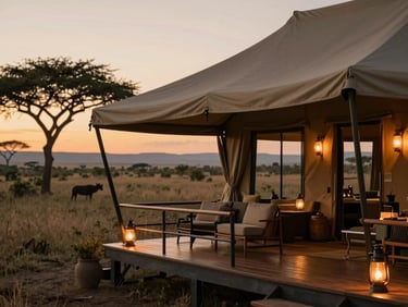 Luxury safari lodge deck overlooking a watering hole at dusk, warm lanterns lit, vast African savanna under a twilight sky