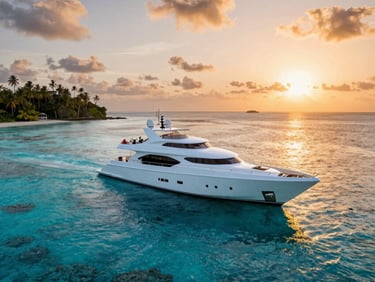 Aerial view of a tiny private tropical island at sunset, glowing villas, deep turquoise reef surrounding the white sand