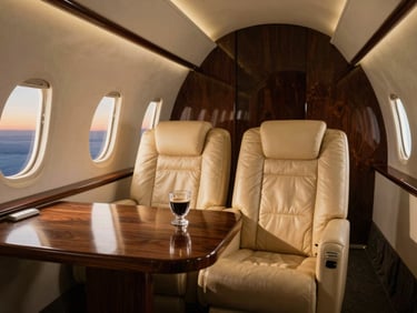 Bespoke private jet cabin interior, soft warm golden lighting highlighting hand-stitched cream leather seats and a polished walnut table with a crystal glass, twilight view through the window