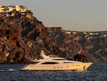 Sleek superyacht cruising past towering volcanic cliffs of Santorini at golden hour, dramatic warm light