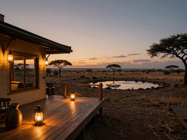 Luxury safari lodge deck overlooking a watering hole at dusk, warm lanterns lit, vast African savanna under a twilight sky