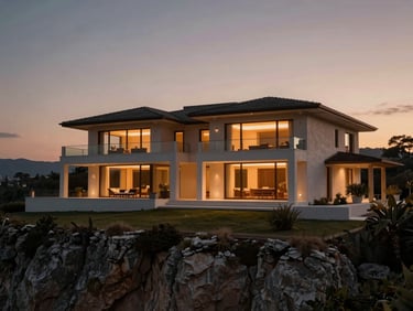 Remote luxury villa perched on a cliffside at dusk, warm interior lighting casting a soft glow, 35mm