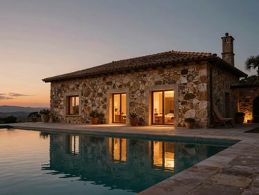 A remote stone villa at dusk, warm interior glows reflecting on a quiet infinity pool, cinematic editorial photography, 35mm.