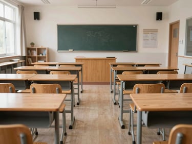 Symmetrical shot of a newly delivered, perfectly arranged modern school classroom with high-quality wooden desks and clean natural light.