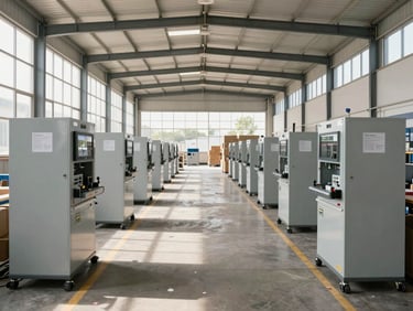 Symmetrical wide shot of an organized, modern commercial distribution center in Luanda, bright natural daylight streaming through high windows, structured rows of high-quality logistics equipment.