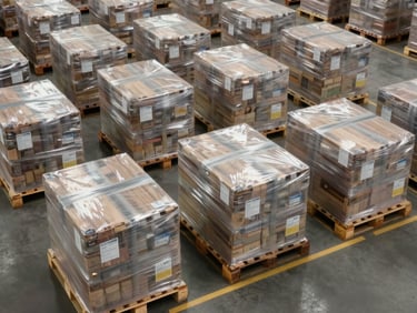 Close overhead view of a warehouse pallet staging area, uniformly stacked pallets wrapped in stretch film with inventory labels visible, practical overhead lighting, organized floor markings, active working-day atmosphere