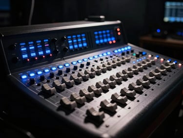 Dramatic production photography of a high-end pre-configured audio console, glowing electric blue indicator lights, deep shadows, sharp focus, 35mm