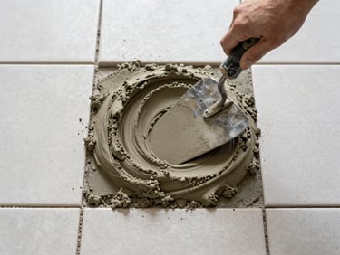 Close-up overhead flat-lay of a trowel pressing mortar between ceramic tiles on a floor, grout lines perfectly aligned, overcast daylight, no lifestyle elements