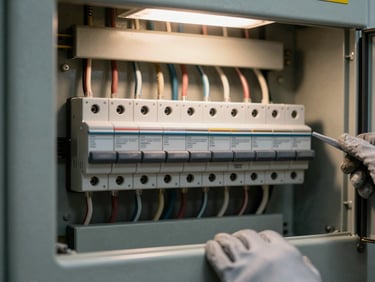 Close-up of a residential electrical panel with organized circuit breakers and labeled wiring, work lighting illuminating the interior, technician gloves visible at the edge of frame