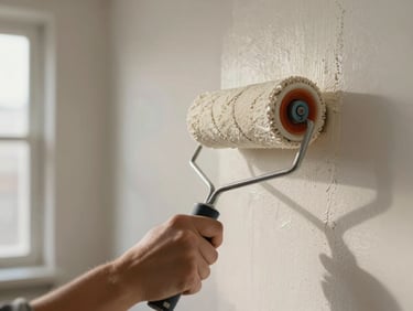 Close-up of a roller applying off-white paint to a smooth interior wall, even coverage visible, natural window light from the left, no people visible