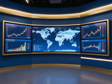 A futuristic, minimalist television broadcast studio, deep blue and gold accents, large glowing screens displaying global economic charts.