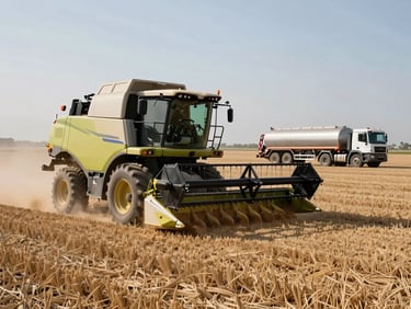 Wide agricultural field at daylight with large harvesting equipment in motion, grain dust in the air, fuel tanker truck parked at field edge ready for refueling, practical site lighting