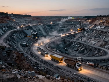 Overhead wide framing of an open-cut mining operation, heavy haul trucks moving along pit roads, dust trails, site lighting at dusk, operational scale evident from elevated vantage
