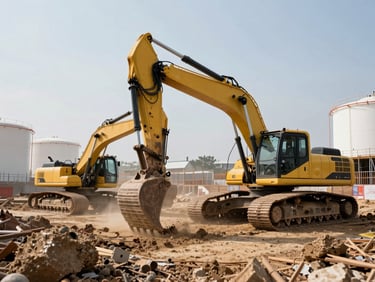 Wide shot of an active construction site at daylight, excavators and heavy equipment operating, fuel storage tanks visible at site perimeter, dust in air, hard industrial light