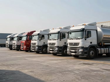 Wide environmental shot of a commercial truck fleet parked in a logistics yard under hard morning daylight, fuel tanker visible in background, concrete apron, high-contrast documentary framing