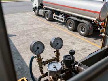 Close-up overhead view of a fuel tanker truck loading bay at an industrial terminal — hose connections and metering equipment in sharp foreground focus, hard midday daylight casting strong shadows across the concrete pad, secondary tanker visible in background mid-frame, no people