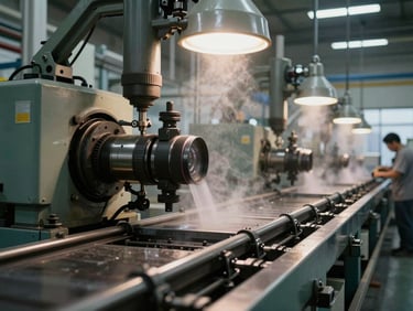Close-up of industrial manufacturing plant floor with heavy machinery running, sodium vapor lighting overhead, heat shimmer and active production lines, documentary wide framing