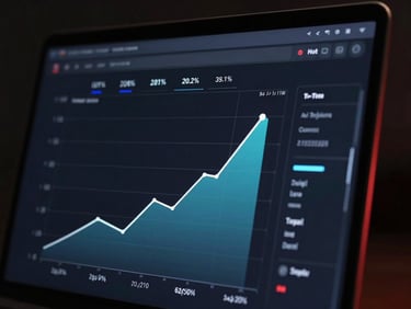 High-fidelity, clean interface mockup showing upward-trending analytics on a dark screen, low-key high-contrast lighting with subtle red ambient rim-lighting, macro detail, professional environment.