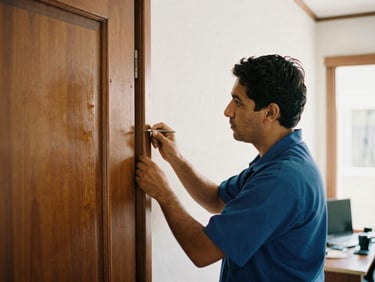 A certified technician in a clean uniform carefully inspecting a wooden door frame in a bright Mérida office, warm natural light, 35mm film style