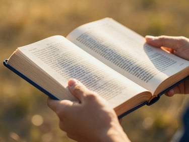Close-up of hands holding an open Bible under warm golden sunlight, soft focus