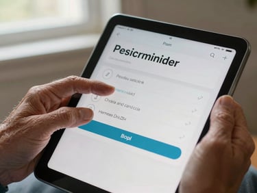 Close-up of an older adult's hands on an Android tablet showing a medication reminder app, soft window light, interface text large and buttons clearly delineated