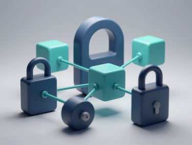 Abstract 3D geometric shapes in navy and teal representing secure data flow and system integration, clean studio lighting.