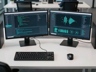 Symmetrical overhead view of a clean, high-contrast modern tech workspace in Abuja, featuring dual monitors displaying complex software code and system architecture diagrams, sharp teal lighting accents, professional corporate atmosphere