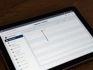 A close-up of a modern logistics tracking interface on a tablet screen, showing route optimization data and clean tabular layouts.