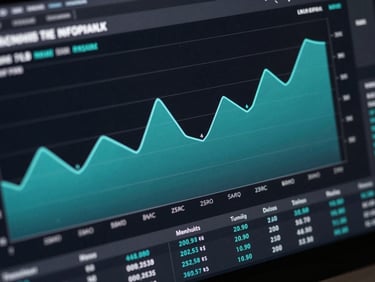 A clean, high-contrast screenshot of a financial dashboard with teal charts on a dark interface, modern typography, sharp details.