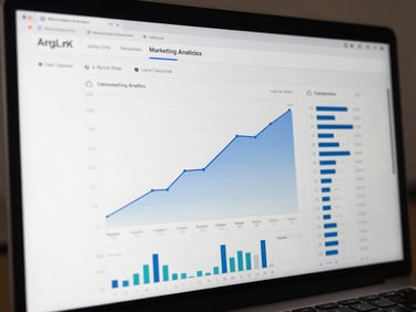 A clean digital marketing analytics dashboard showing growth curves and conversion metrics with sharp, high-contrast UI.