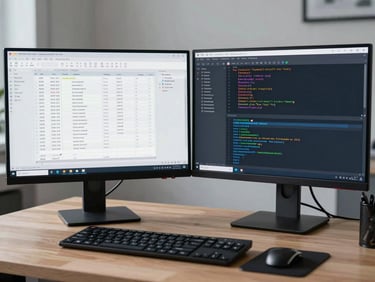 A professional, clean workspace with dual monitors displaying structured database schemas and software code, cool lighting.